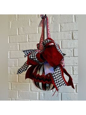 University of Alabama Red, White, Black 7” tall round Ornament w/Ribbon Accents